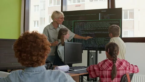 Teacher Explaining Coded Data on Interactive Screen in front of Learners 動画素材 316480666