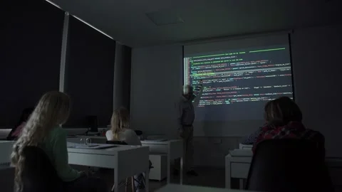 Teacher explaining presentation to audience during programming lesson Stock Footage 142494572