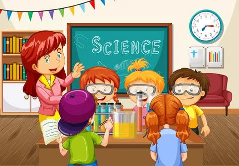 Teacher explaining science experiment to students in the classroom Illustrazione stock