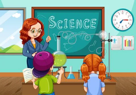 Teacher explaining science experiment to students in the classroom Illustrazione stock