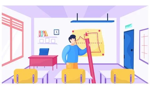 Teacher explains topic. Man stands with a pencil in his hands against the Illustrazione stock