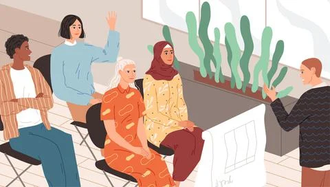 Teacher in front of a diverse group of students Stock Illustration