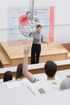 Teacher in front of futuristic interface pointing a student Stock Illustration