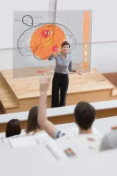 Teacher in front of futuristic interface pointing student Stock Illustration