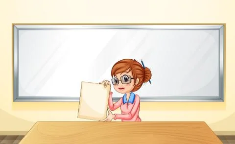 A teacher in front of the whiteboard holding an empty template Stock Illustration