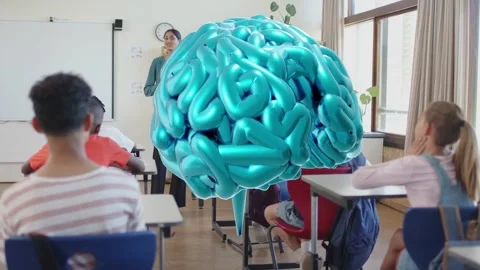 Teacher gesturing and speaking, activating turquoise 3D brain hovering, Stock Footage 333602222