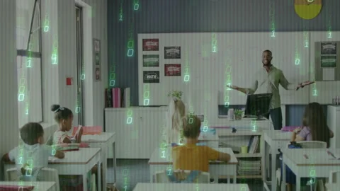 Teacher gesturing arms before students while green binary code streaming and Stock Footage 312281200