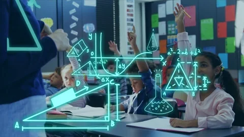 Teacher gesturing, math holograms and equations appearing, students raising Stock Footage 334322274