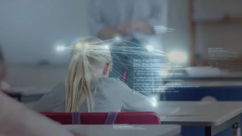 Teacher gesturing, node network gathering around pupil's head holding pink Stock Footage 333631830