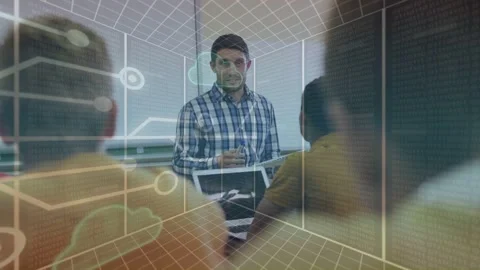 Teacher gesturing with pen, referencing tablet in education, causing 3D grid and Stock Footage 335235558