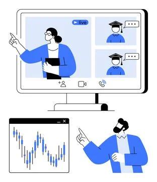 Teacher gesturing on screen with two students in graduation caps. Graph on mo Stock Illustration