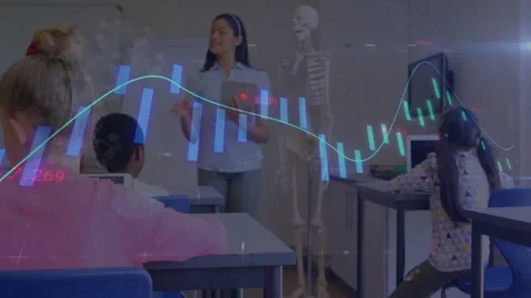 Teacher gesturing at skeleton model in science class, showing animated chart Stock Footage 308655642