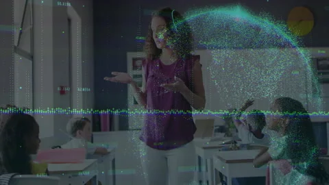 Teacher gesturing at students in classroom, displaying education tech with Stock Footage 308655667