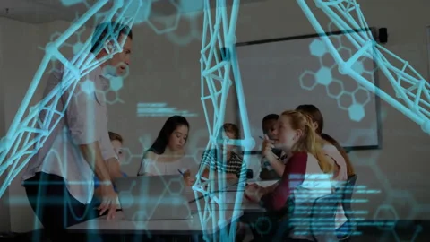 Teacher gesturing toward laptop in room, generating molecule and code overlays Stock Footage 312083403