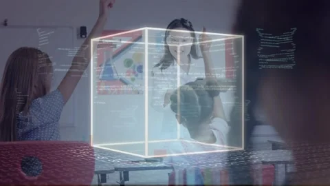 Teacher gesturing while lesson progressing 3D cube forming, scrolling code, Stock Footage 334703127
