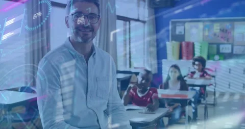 Teacher glancing at tablet, teaching class, data overlays sweeping over class Stock Footage 331227693