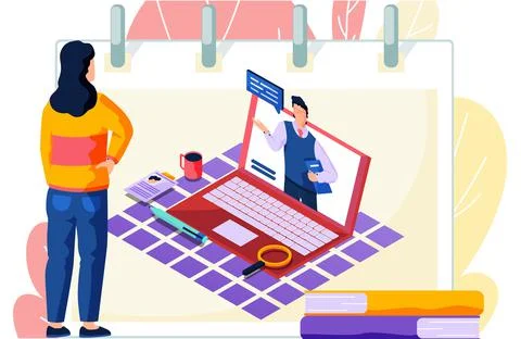 Teacher in glasses on the computer screen explains new topic. Woman watching Stock Illustration