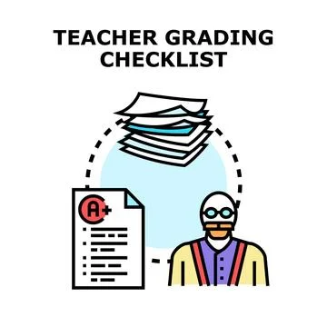 Teacher grading student assignment checklist process Stock Illustration