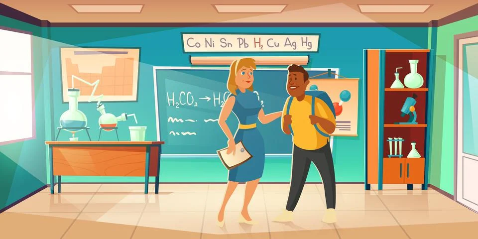 Teacher greeting student in chemistry classroom Stock Illustration
