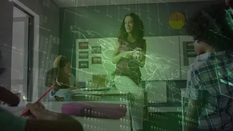 Teacher greeting students, gesturing toward board activating green map overlay Stock Footage 312360880