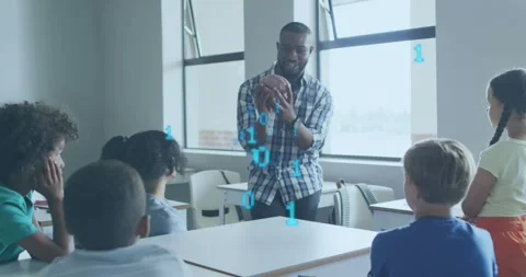 Teacher gripping sphere model rotating, binary digits pulsing around engaging Stock Footage 317486928