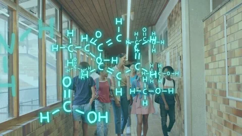 Teacher guiding 6 kids down hall, molecule graphic growing from windows, Stock Footage 334322013
