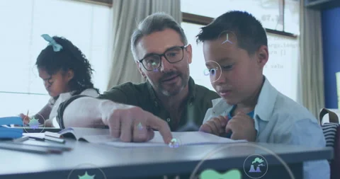 Teacher guiding boy pointing workbook sparking animated data icons and code Stock Footage 315534463