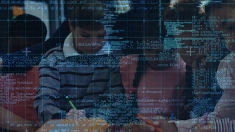Teacher guiding class writing and drawing using markers with code overlay upon Stock Footage 320088997