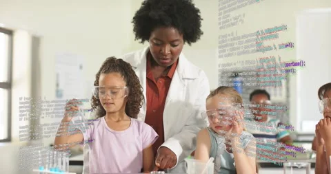 Teacher guiding left student lifting pipette for lab practice, code overlay Stock Footage 331227353
