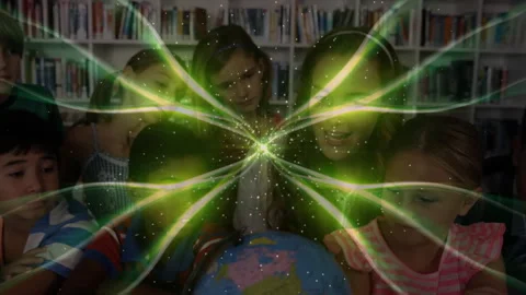 Teacher guiding students scanning globe as green beams expanding with sparkles Video stock 313703770