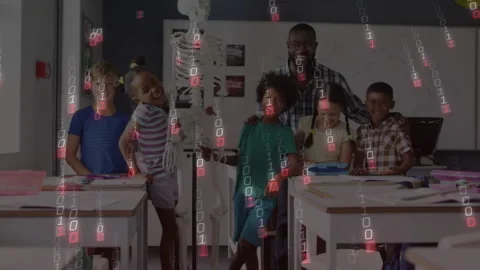 Teacher guiding students by skeleton while binary code drifting over group Stock Footage 316185111