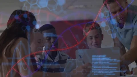 Teacher guiding students in tech lab, overlay fading molecular code revealing Stock Footage 327272439