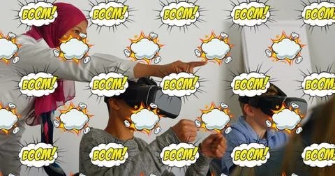 Teacher guiding students using VR headsets in classroom, exploring virtual world Stock Illustration