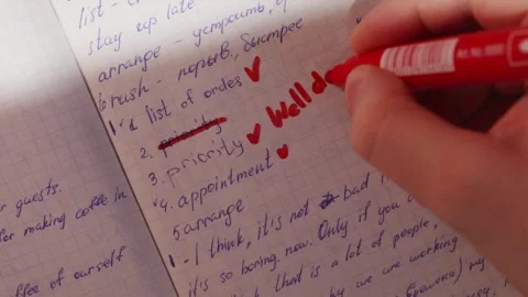 Teacher hand writing Well Done comment with red pen on paper Stock Footage 340139257