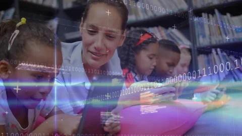 Teacher handing tablet to child in library, guiding tapping for coding education Stock Footage 310663118