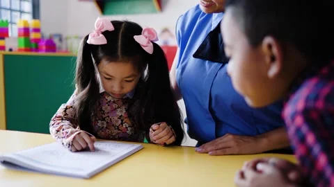 Teacher helping kid students learn to read in classroom at kindergarten school  Stock Footage 276480999