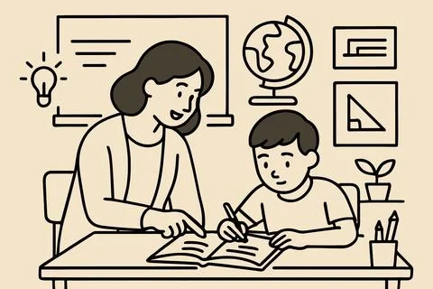 Teacher helping young student with homework at a desk in a classroom Stock Illustration