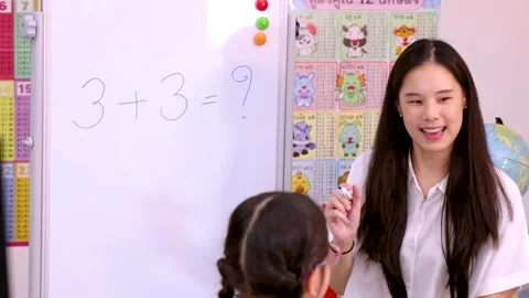 Teacher Helping Young Student Solve Simple Addition Problem Stock Footage 330995496