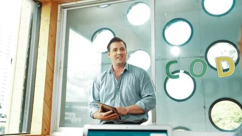 Teacher hold tablet while explain about coding or writing program. Edification. Foto stock