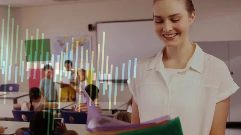 Teacher holding files flipping while students sharing tablet and starting Stock Footage 333657217