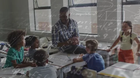 Teacher holding object starting handdrawn math overlay for study as class Stock Footage 334368275