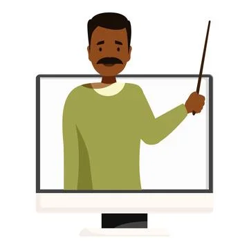 Teacher holding pointer giving online class using computer monitor Illustrazione stock