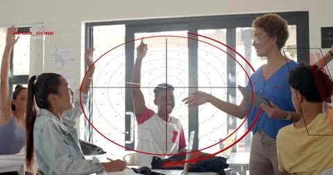 Teacher holding tablet asking question, students turning raising hands to Stock Photos