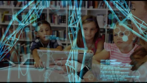 Teacher holding tablet, guiding students in education, molecular code overlay Stock Footage 329788153
