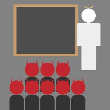 Teacher holy among students devils in the classroom Ilustração Stock