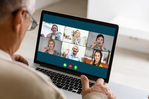 Teacher Hosting Online Class Using Video Conference On Laptop Foto stock