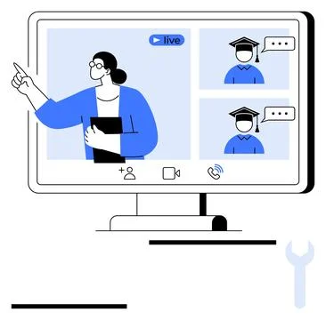 Teacher instructing while holding a book on screen, interacting with students Stock Illustration