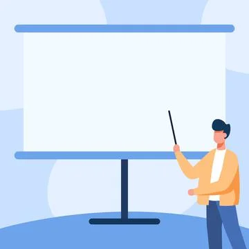 Teacher In Jacket Drawing Standing Pointing Stick At Blank Whiteboard Showing Stock Illustration