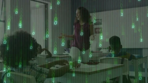 Teacher kneeling teaching lesson, binary code intensifying students raising Stock Footage 316190604