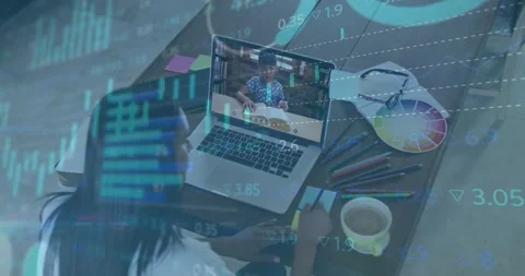 Teacher launching finance tutorial at home desk, overlaying finance charts 스톡 동영상 328595627